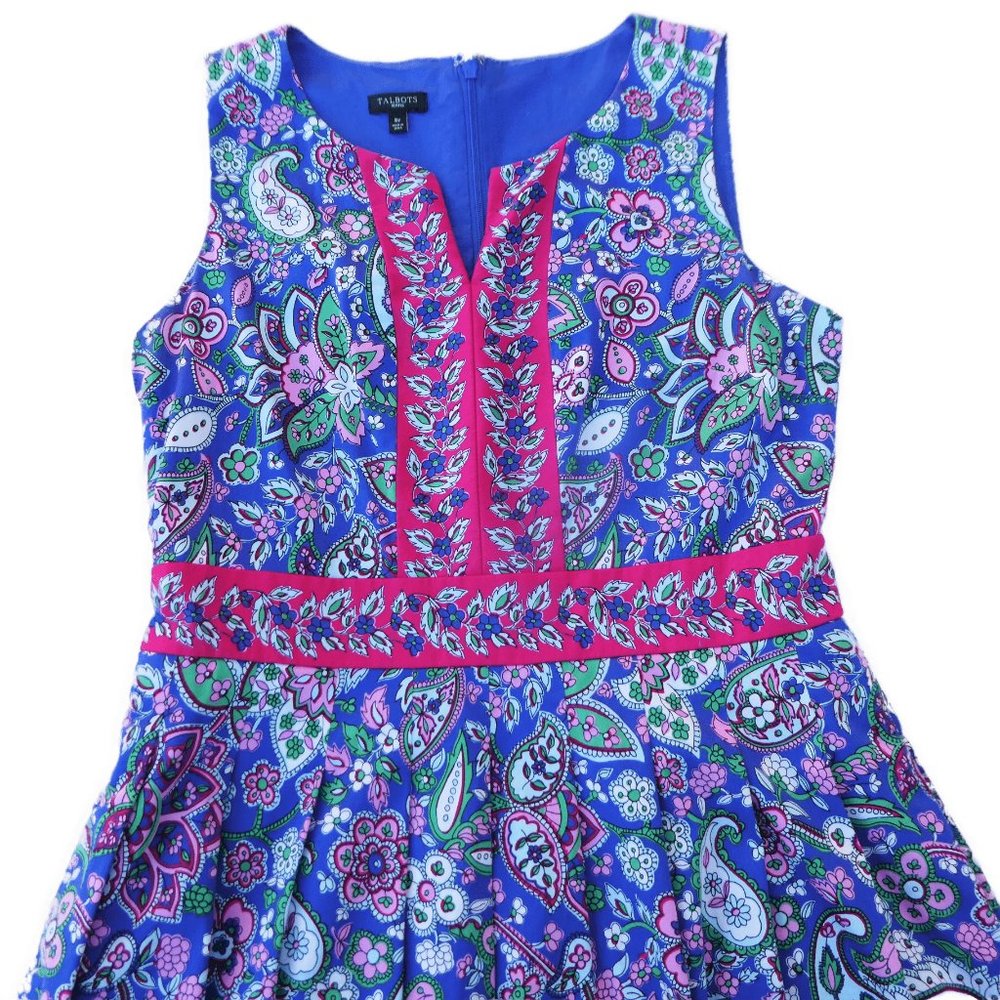 Talbots Petites Dress Border Midi Contrasting Floral Pockets Pleated Lined 8P